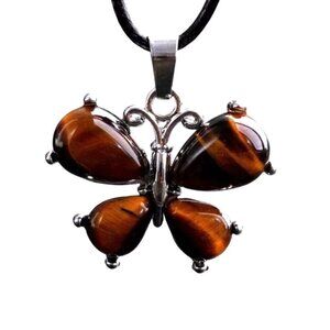 Tigers Eye Butterfly Pendant Necklace With Black Cord